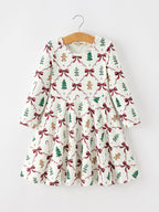 Christmas Bow and Gingerbread Print Girls Twirl Dress