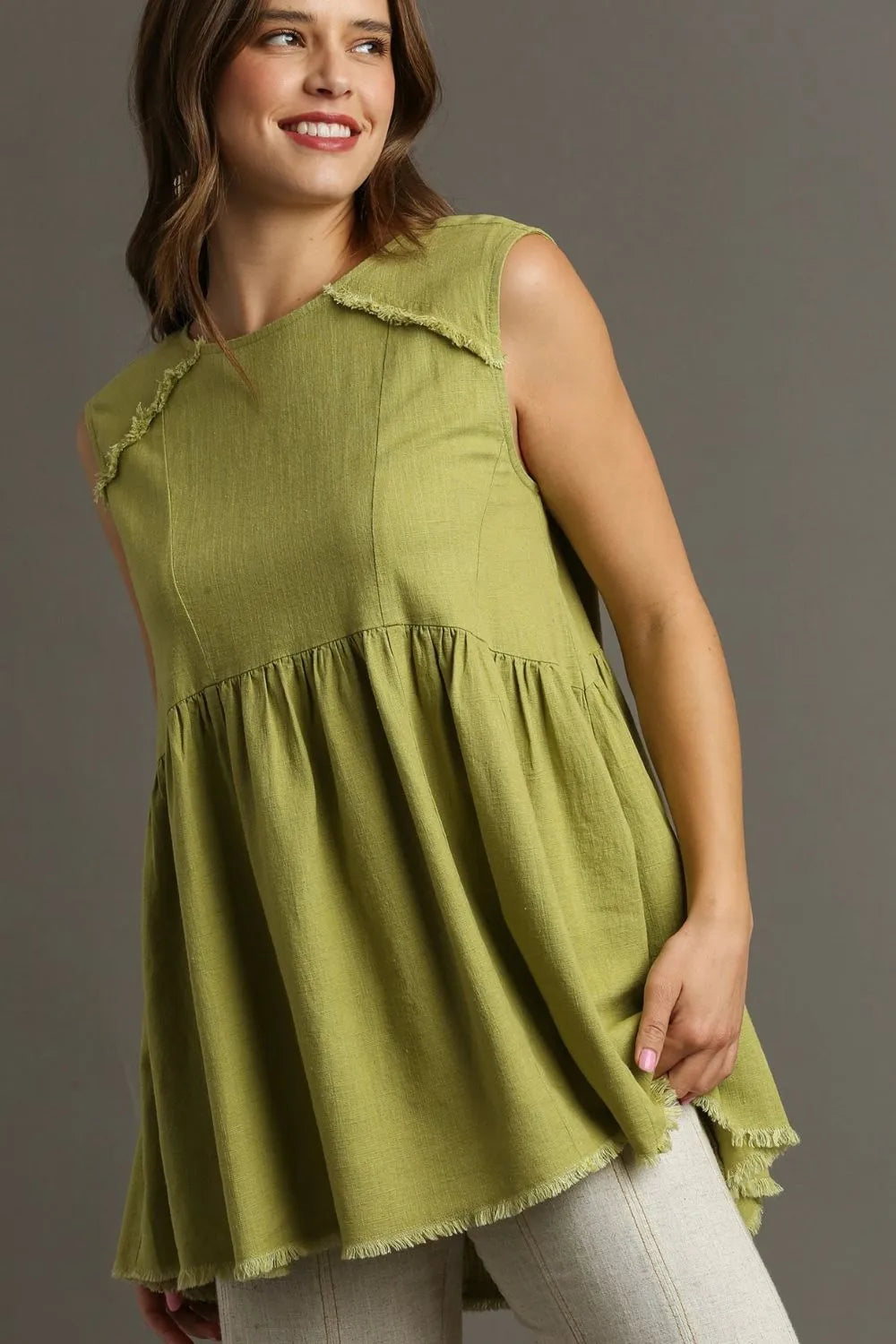 Umgee Full Size Raw Hem Linen Round Neck Sleeveless Top Plus Size