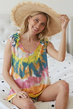 BiBi Circular Tie Dye Knit V Neck Top With Ruffle