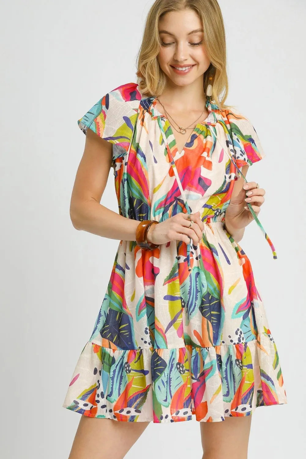 Umgee Printed Tie Neck Ruffled Hem Dress