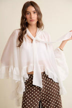 SO ME Sheer Ruffle Bell Sleeves Bow Tie Flowy Blouse Top
