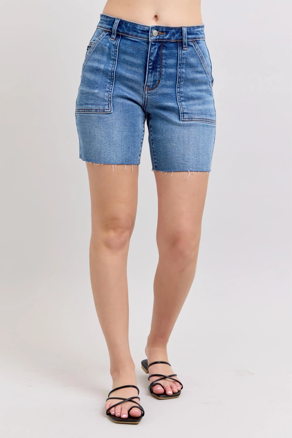 Judy Blue Full Size Mid Rise Bermudas Denim Shorts W/ Back Flap Pockets Plus Size