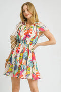 Umgee Printed Tie Neck Ruffled Hem Dress