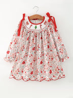 Christmas Red Floral Girls Dress Candy Cane Bow Embroidery Dress