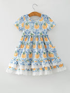 Fall Girls Pumpkin Patch Dress Lace Trim with Pockets
