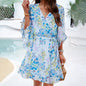 Ladies' elegant spring and summer temperament printed lace up dress