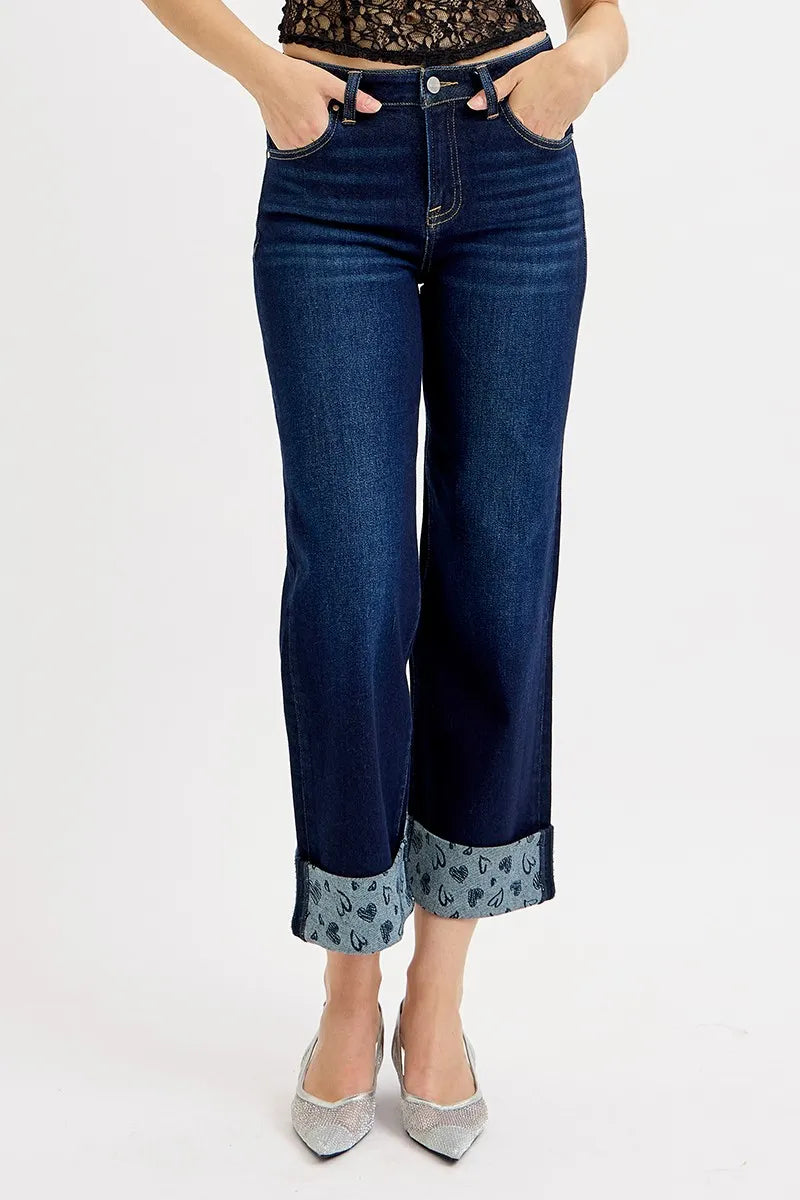 RISEN Full Size Mid Rise Fit Crop Wide With Printed Cuff Jeans Plus Size