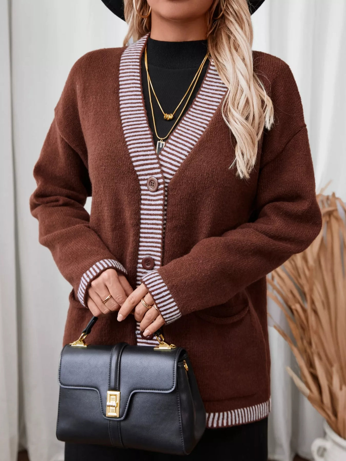Striped Trim Button Front Pocket Knit Cardigan