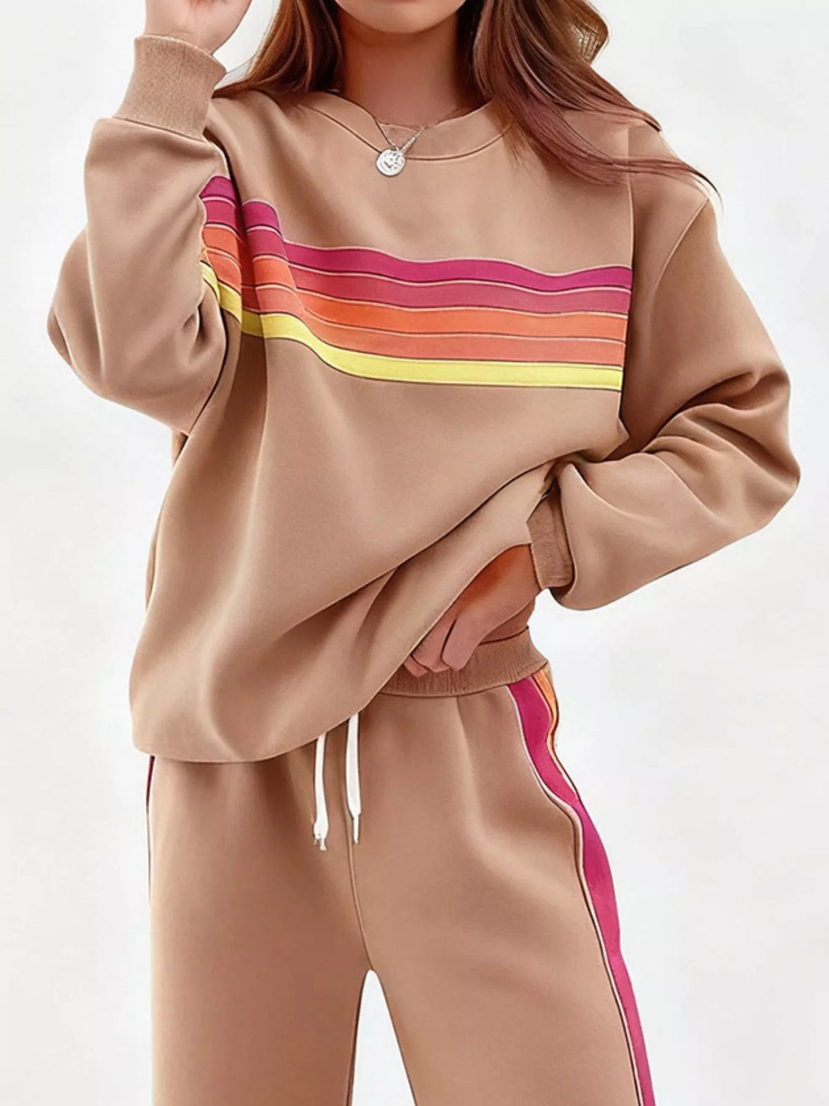 Striped Round Neck Sweatshirt and Pants Set