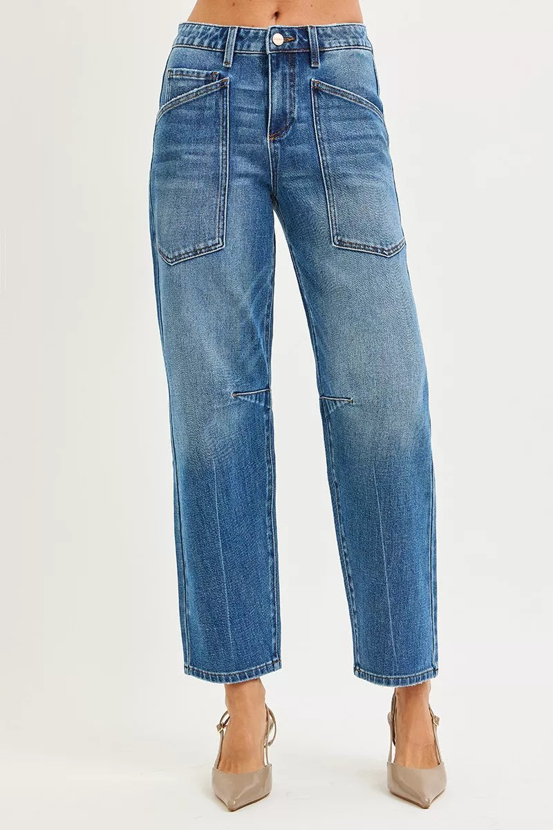 RISEN 4 Way Stretch Mid Rise Barrel Jeans with Patch Pocket Detail