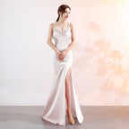 Sling Deep V Plunge Evening Party Dress Long Sexy Slim Fit Slit Nightclub Performance Socialite Evening Dress