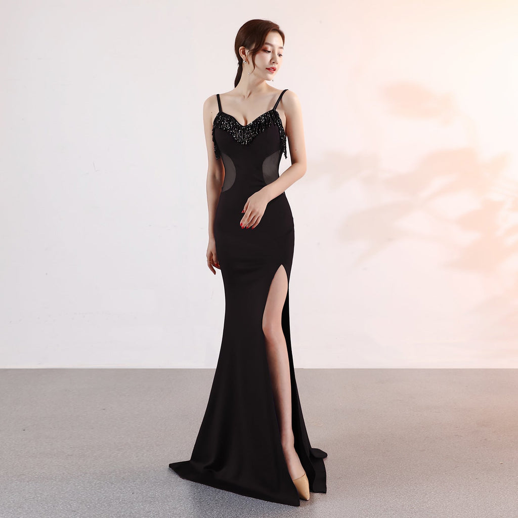 Sling Deep V Plunge Evening Party Dress Long Sexy Slim Fit Slit Nightclub Performance Socialite Evening Dress