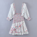 Early Spring Women Clothing Square Collar Ruffled Design Printed Dress for Women Smocked Patchwork Macthing