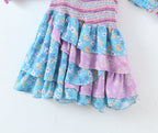 Early Spring Women Clothing Square Collar Ruffled Design Printed Dress for Women Smocked Patchwork Macthing