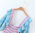Early Spring Women Clothing Square Collar Ruffled Design Printed Dress for Women Smocked Patchwork Macthing