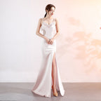 Sling Deep V Plunge Evening Party Dress Long Sexy Slim Fit Slit Nightclub Performance Socialite Evening Dress