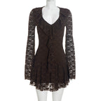 Women Clothing Autumn Solid Color Sexy Lace Ruffled Long Sleeve Low Neck Slim Dress