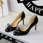 French Sweet Bow Decoration round Toe Shallow Mouth Side Hollow Out Cutout Slip on Stiletto Heel Women Shoes