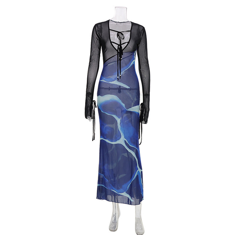 Personalized Design Women Clothing Stitching Printing Deep V Plunge neck Slim Dress Trendy Long Dress Women