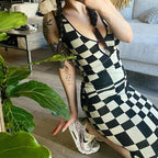 Maillard Summer Women Clothing Low Cut V neck Sexy Hollow Out Cutout out Sleeveless Vest Plaid Knitted Dress