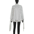Women Clothing Autumn Casual Polka Dot Printed Round Neck Drawstring Long Sleeve Ribbon Short Dress