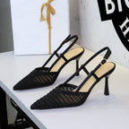 Ankle Strap Buckle Elegant Ladies Shoes Pointed Toe Shallow Mouth High Grade Woven Wire Mesh Sandals