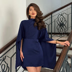 Niche Irregular Asymmetric Turtleneck Long Sleeve Waist Trimming Short Dress Women Spring Summer