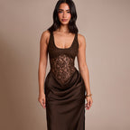 Women Clothing Autumn Winter Sexy Sleeveless Vest Lace Stitching Side Slit Dress for Women