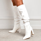 Boots Simple Shallow Mouth Pointed Mid Calf Chunky Heel Boots Slip on Comfortable Outdoor All Matching