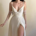 Autumn Winter Elegant Sexy Sling Slit V neck Pleated Ball Dress