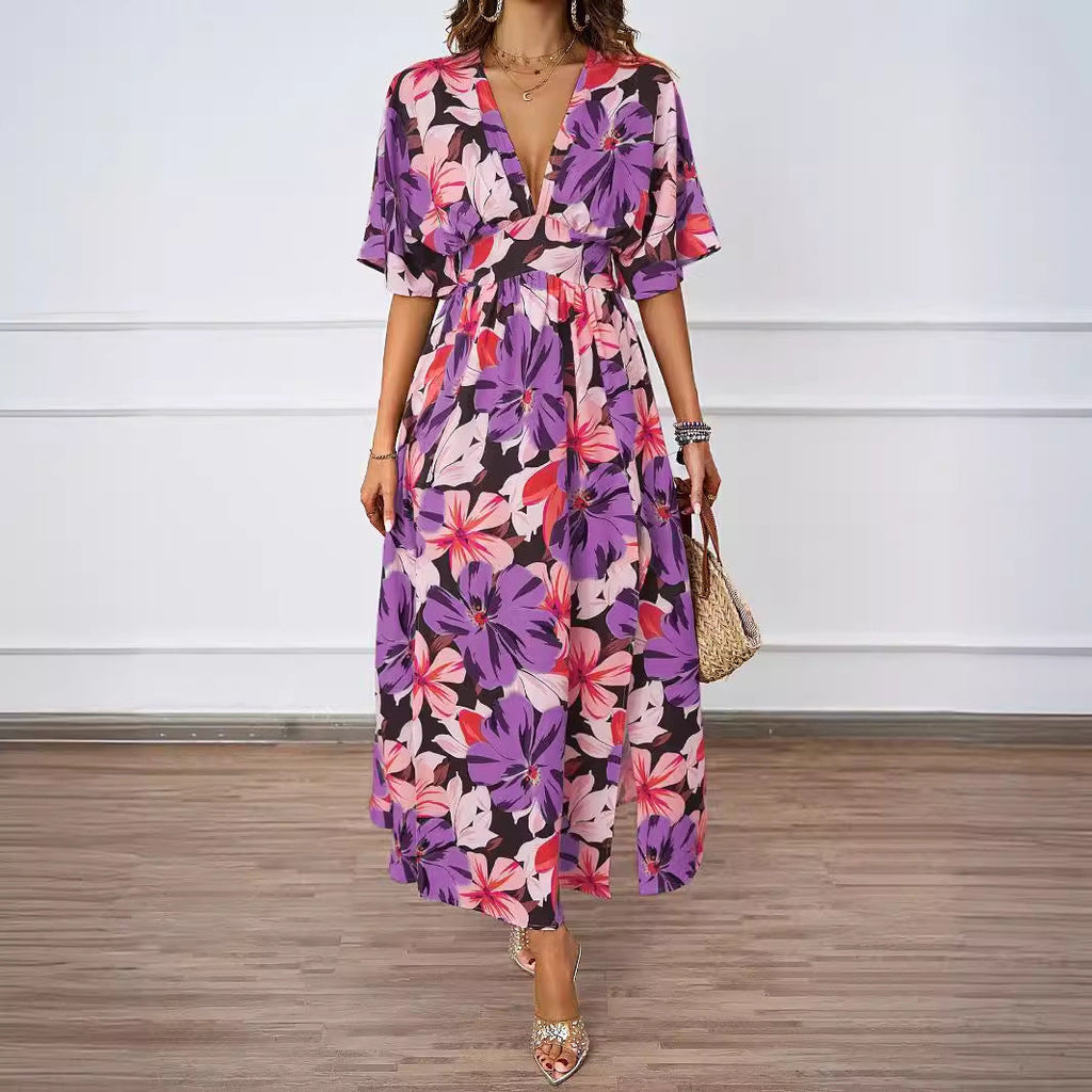 Summer Floral Print Maxi Dress Elastic Band Waist Tight Big V neck Short Sleeve Dress for Women