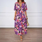 Summer Floral Print Maxi Dress Elastic Band Waist Tight Big V neck Short Sleeve Dress for Women
