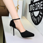Cocktail Black Platform Pointed Toe Buckle Suede Back Bow Rhinestone Sandals