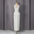 French Halter Solid Color Dress Spring Waist Tight Slimming Sheath Diamond Beaded Dress Women