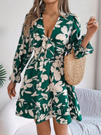 Autumn Winter Casual Floral Lace up Long Sleeve Wooden Ear A line Women Clothing