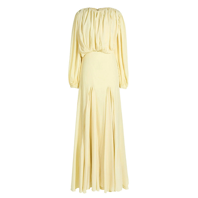 Gentle Dress Dress round Neck High Grade Pleated Patchwork Waist Slimming Maxi Dress