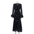 Retro V neck Flounce Bell Sleeve Single Breasted Dress Women Printed Dress