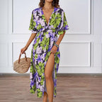 Summer Floral Print Maxi Dress Elastic Band Waist Tight Big V neck Short Sleeve Dress for Women