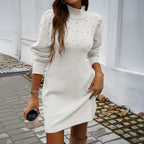 Women Clothing Autumn Winter Elegant Turtleneck Hip Wrapped Sweater Dress