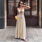 Summer Office Lace up Contrast Color V neck Sleeveless Dress Women