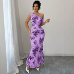 Printed Shoulder High Waist Sheath Dress Slimming Dress