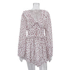 Women Digital Printing Elegant Dress V neck Long Sleeve Ruffled High Waist Lace up A line Dress
