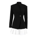 Women Retro Gentle Autumn Winter Design Color Contrast Patchwork Black Waist Controlled Long Sleeves