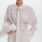 Office Printed Striped Shirt Women Polo Collar Long Sleeve Tie Cinched Blouse