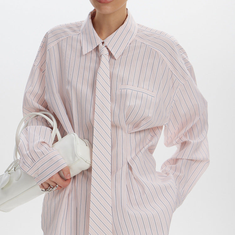 Office Printed Striped Shirt Women Polo Collar Long Sleeve Tie Cinched Blouse