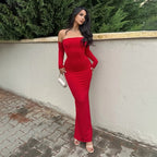 Women Clothing Sexy Sexy off Shoulder Tube Top Oversleeve Slim Sheath Split Elegant Dress