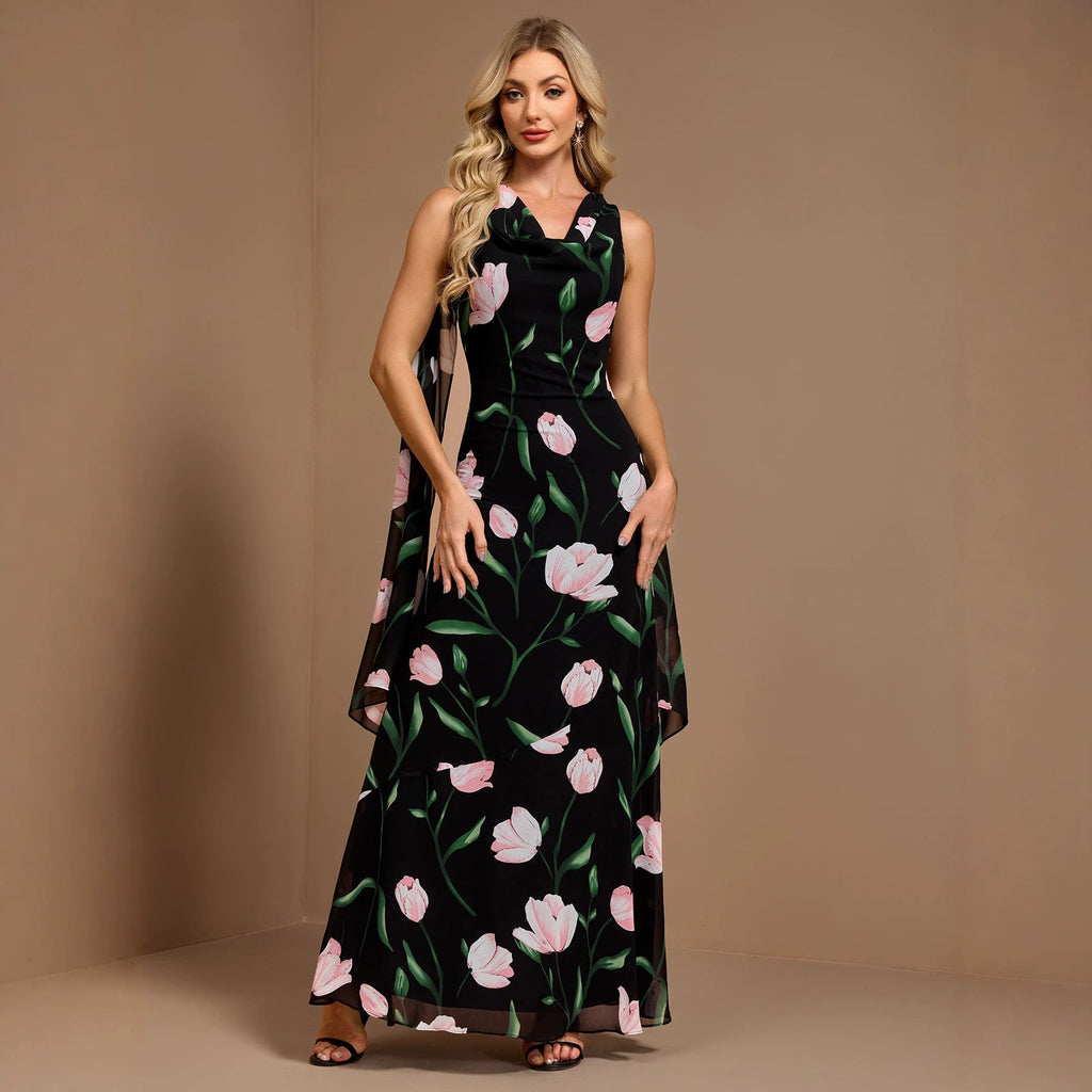Women Summer Printed Sleeveless Large V Back U Neck A line Flared Sundress Ribbon Evening Dress