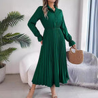 Autumn Winter Casual Collared Button Long Sleeve Cinched Pleated Maxi Dress Women Clothing