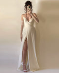 Autumn Winter Elegant Sexy Sling Slit V neck Pleated Ball Dress