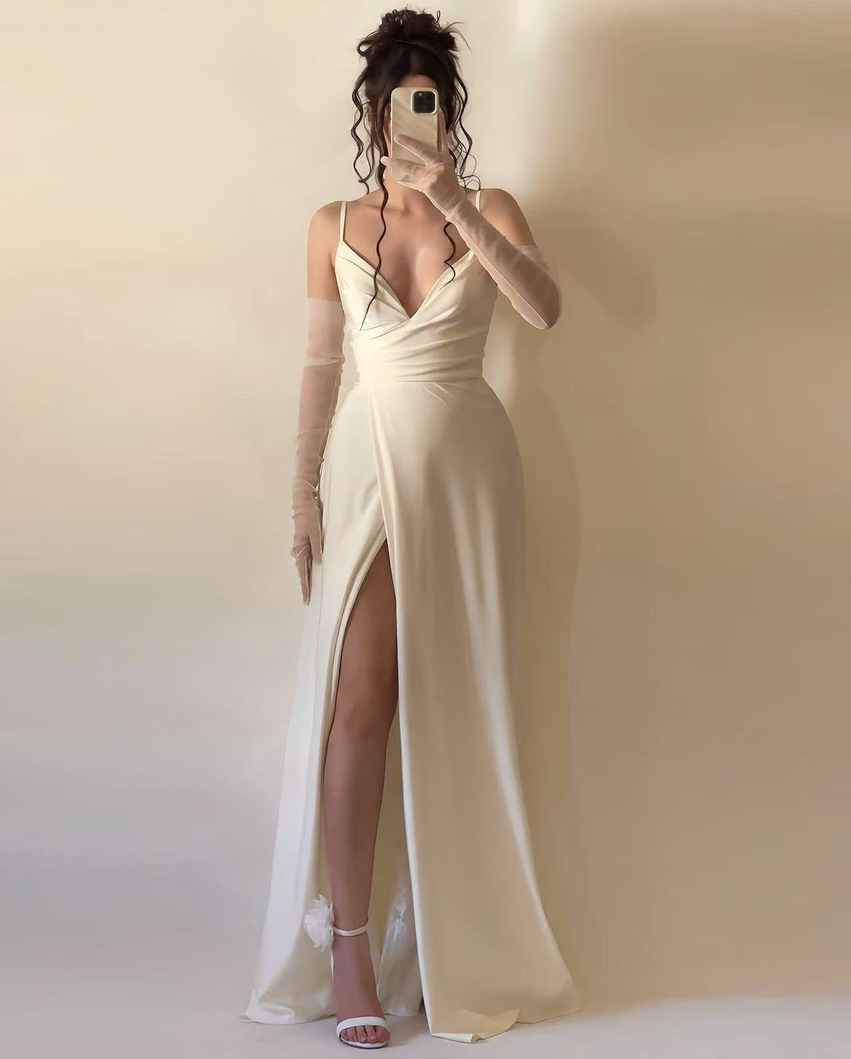 Autumn Winter Elegant Sexy Sling Slit V neck Pleated Ball Dress